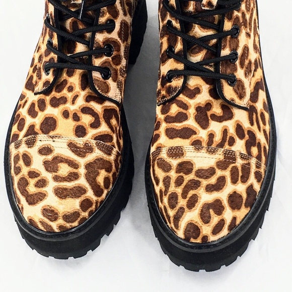 Farylrobin Womens Combat Boot Brown Calf Hair Leopard Print Platform Boot Sz 10 - Picture 3 of 11